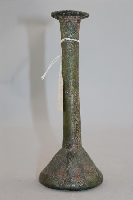 A Roman green glass unguentarium, c.2nd century AD, 18cm